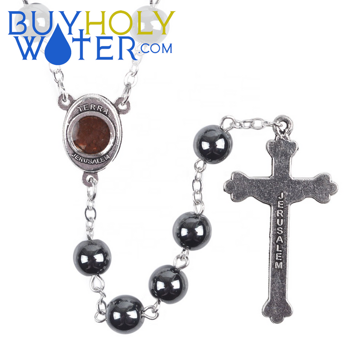 Blessed Hematite Holy Soil Rosary Beads Prayer Religious
